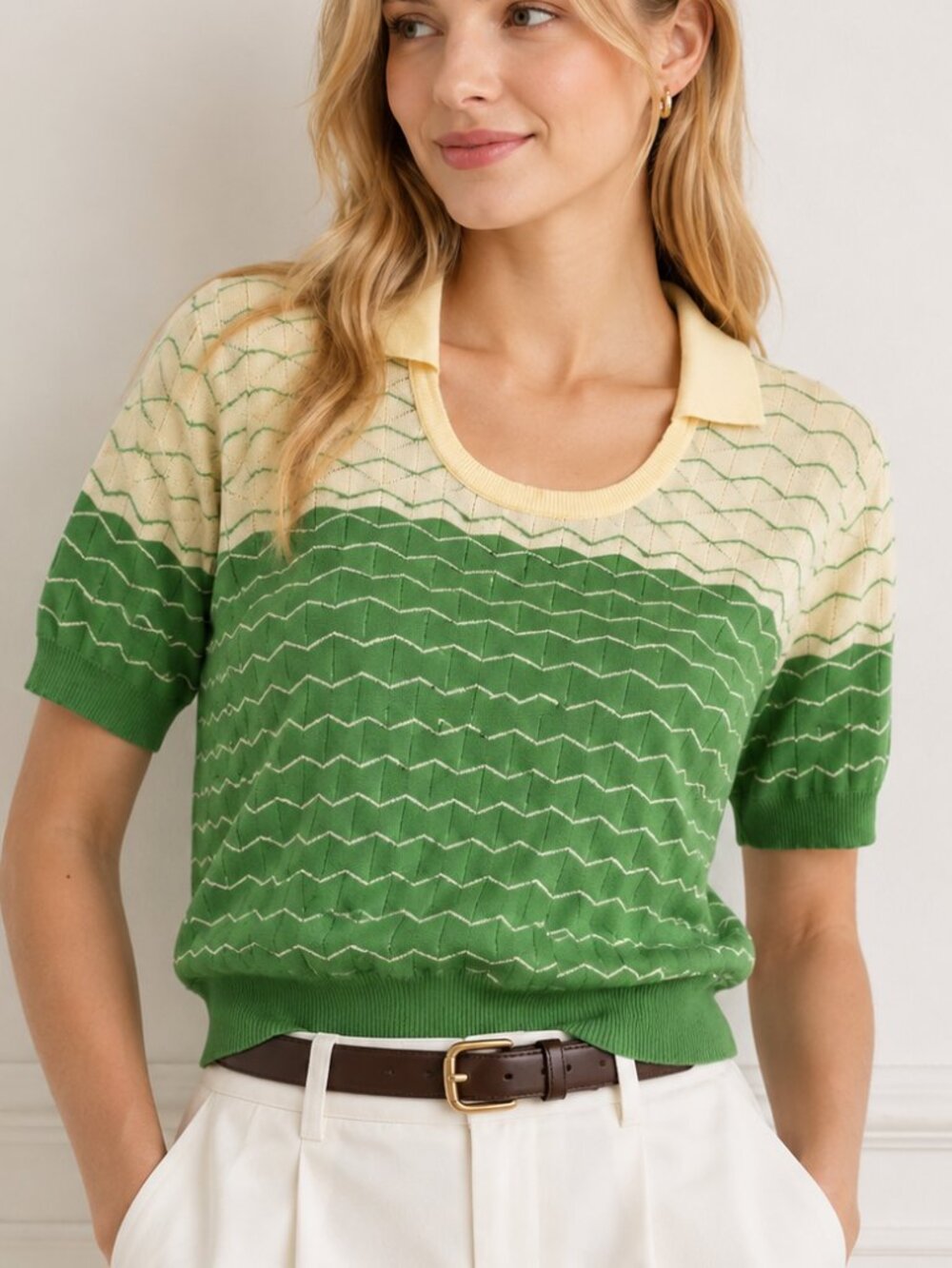 OXKnit NEW Preppy Green Wavy Jacquard Polo Knit Johnny Collar Sweater SZ 2X Mod